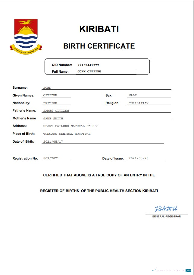 Download Kiribati birth certificate Word and PDF template Photoshop template